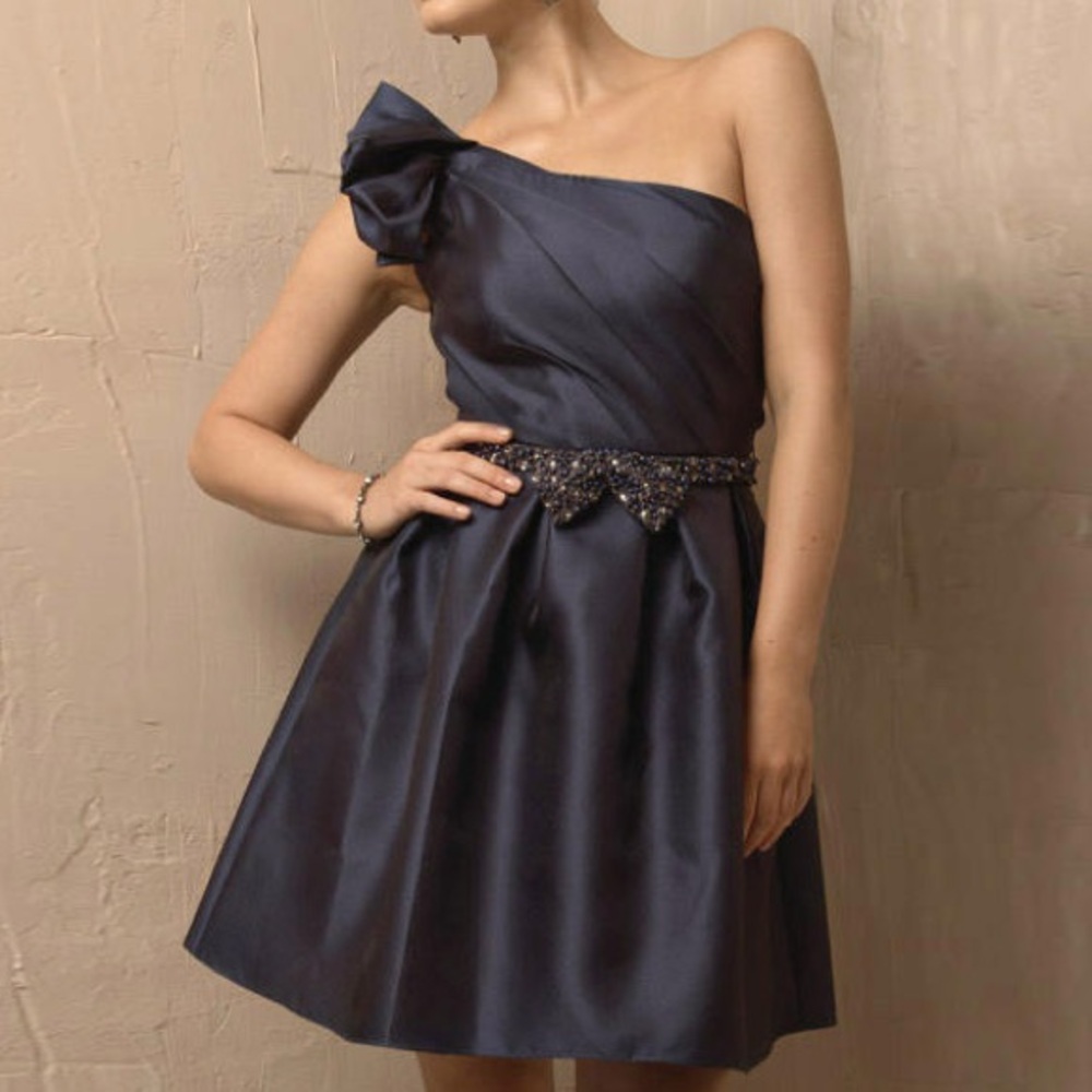 Jovani | Navy One Shoulder Belted with beads + Bow | short ~ Cocktail